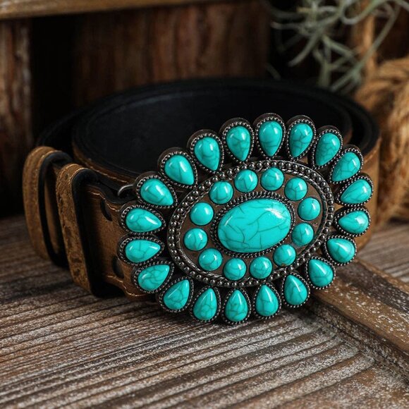 Threaded Pear Western Turquoise Decor Genuine Leather Belt - Picture 3 of 5
